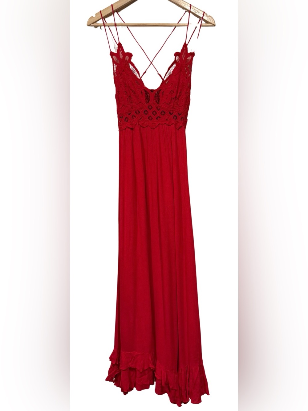 Free People FP One Adella Maxi Slip Dress Red Size S Ruffle Lace Floral Romantic - Picture 2 of 10